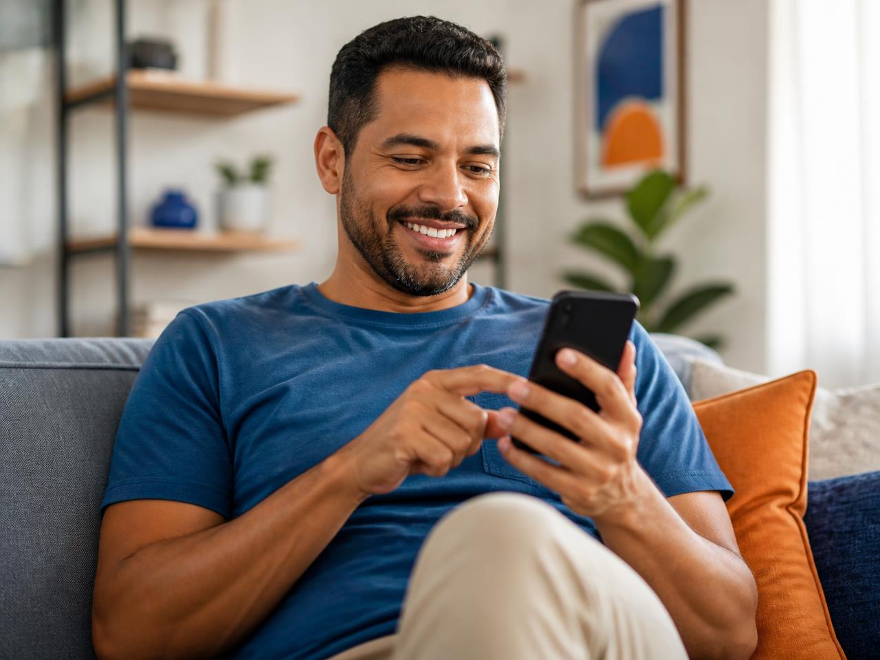 Homem sorrindo usando celular para simular empréstimo pessoal em casa