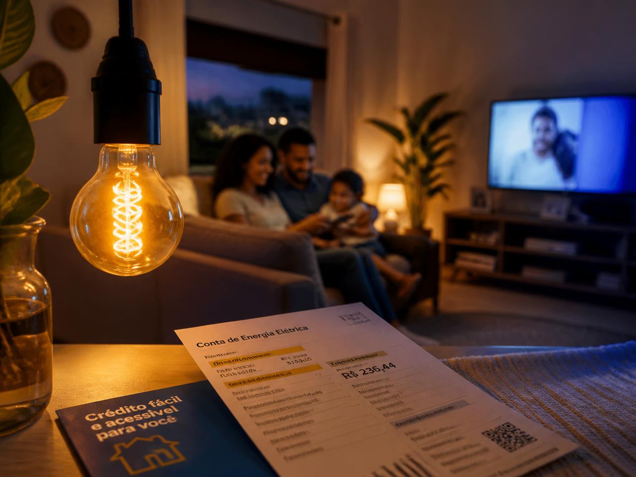 Família em casa com conta de energia elétrica em destaque
