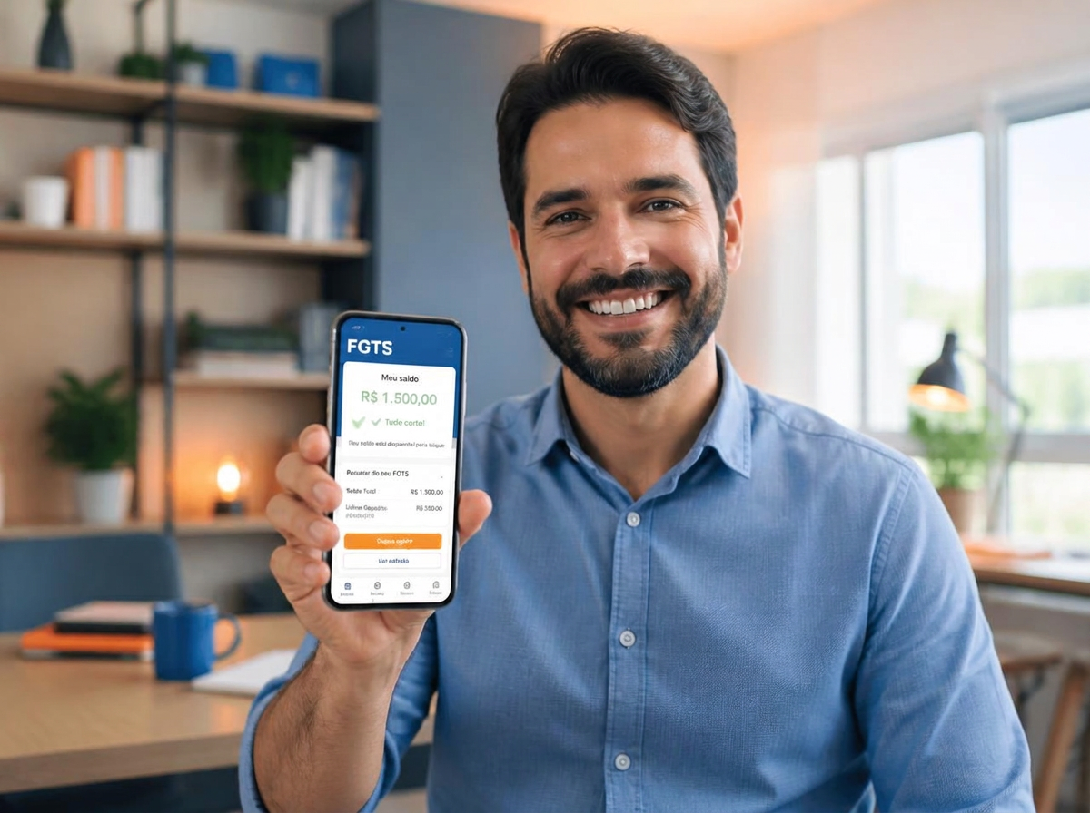Trabalhador sorrindo ao consultar saldo do FGTS no celular